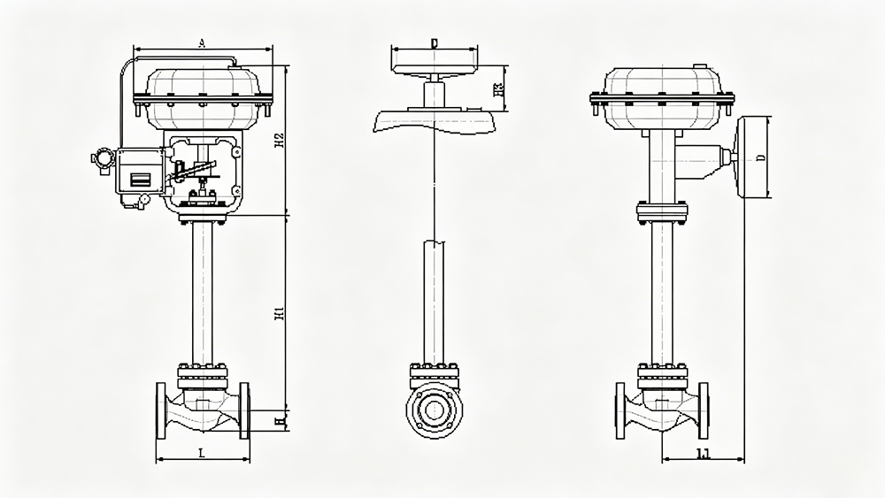 Dimension diagram of pneumatic bellows sealed control valve.webp