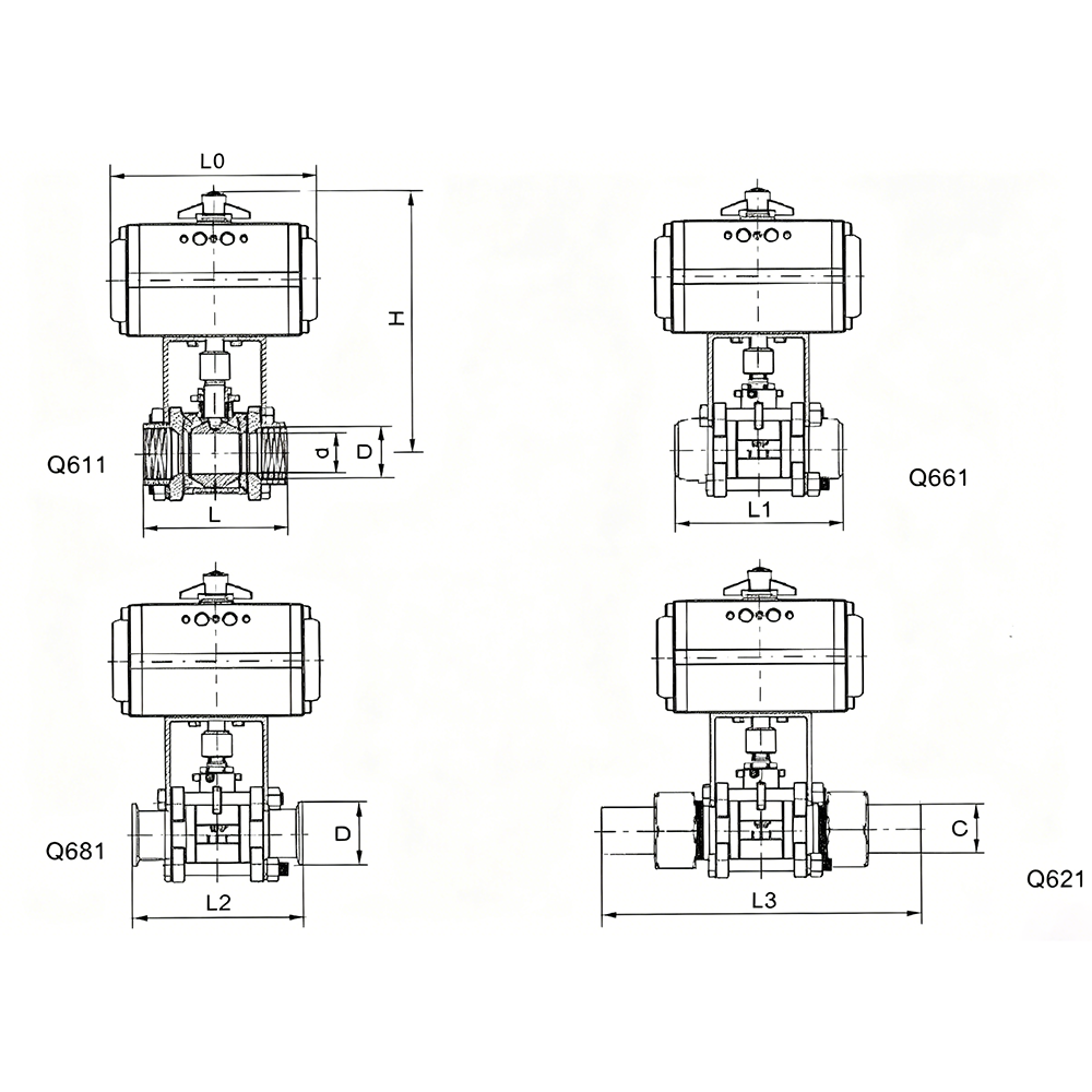 Size chart of Pneumatic 3-Piece Ball Valve