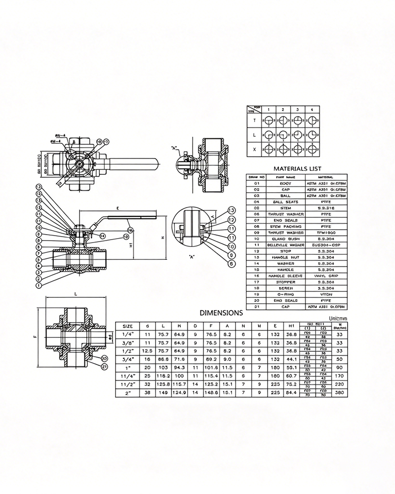 Overall Dimension Drawing of 4-Way Ball Valve