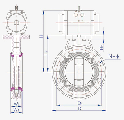 Dimensions of Pneumatic Actuated Plastic Butterfly Valve
