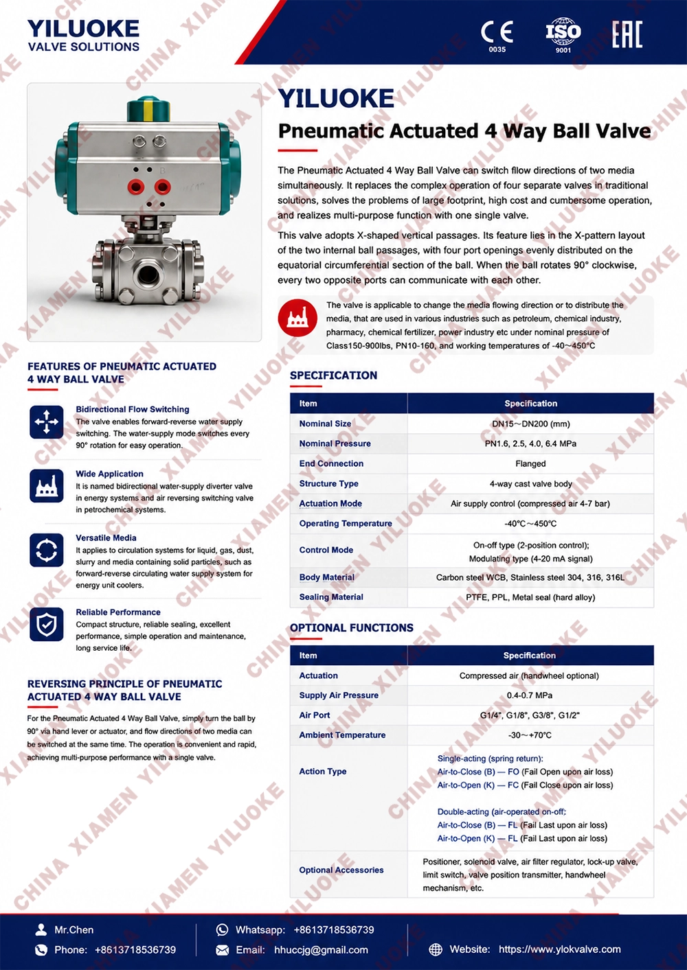 Data Sheet of Pneumatic Actuated 4 Way Ball Valves