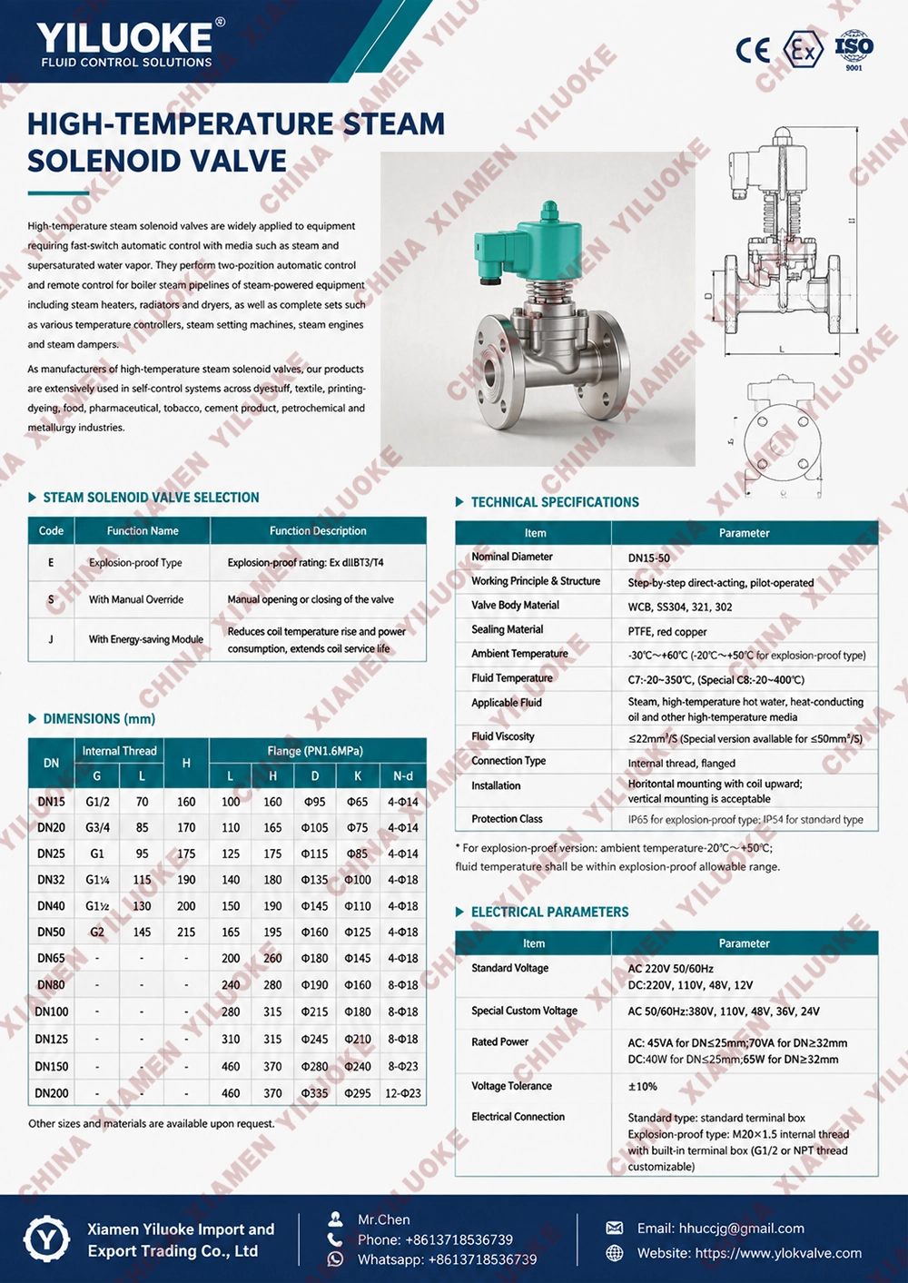 Data Sheet of High‑temperature Steam Solenoid Valves