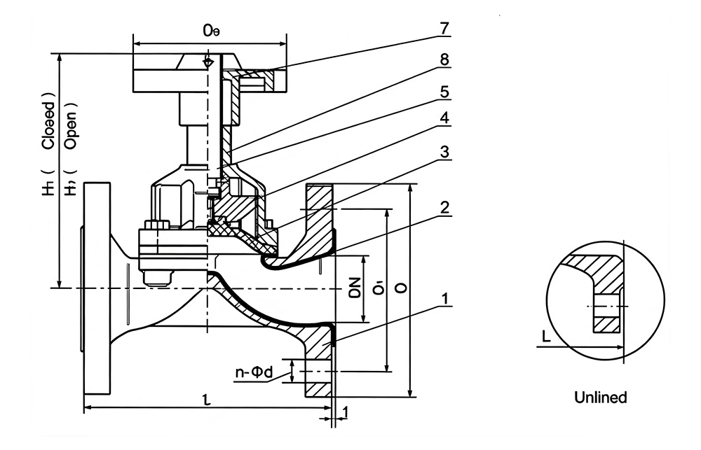 Dimensions of Weir Type Diaphragm Valve